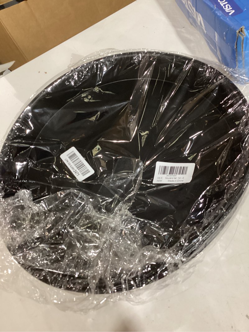 Condition photo showing Good Condition for 4 pack of 14 inch plant saucer, heavy duty plant saucer 14 inch round, plastic plant water tray for pots, plant saucers for indoors, bird bath bowls, pot trays for planter 12"/13"/14" (black) 14" (4 pack) black
