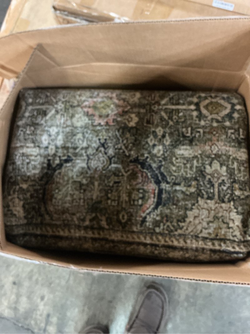 Condition photo showing As Is for loloi layla collection lay-03 olive/charcoal 7'-6" x 9'-6" .13" thick area rug, soft, durable, vintage inspired, distressed, low pile, non-shedding, easy clean, printed, living room rug