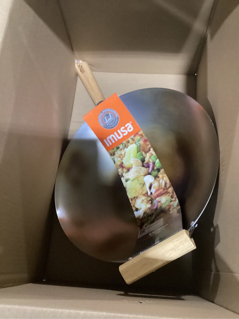 Condition photo showing As Is for IMUSA 14in Carbon Steel Wok with Wood Handles Dark Wood 14in Double Handle