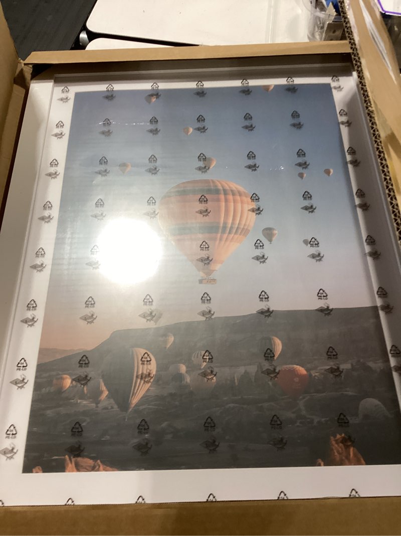 Condition photo showing New/Like New for 19x25 picture frame with 16x22 mat, display photo 16x22 with mat or 19 x 25 without mat, wall hanging large 19 by 25 poster frame with plexiglass, white white 19x25 inch