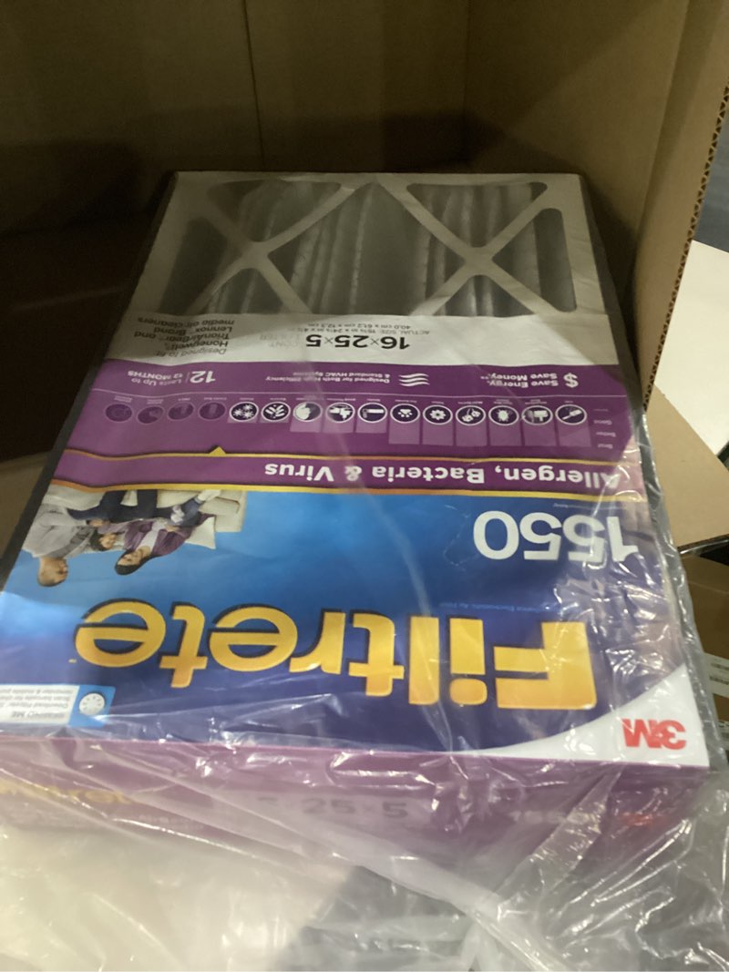 Condition photo showing Good Condition for filtrete 16x25x5 ac furnace air filter, mpr 1550, merv 12, fits honeywell & trion airbear, certified asthma & allergy friendly, electrostatic air filter, 1-pack (actual size 15.75 x 24.13 x 4.88) 4.9" x 24.1" x 15.6"