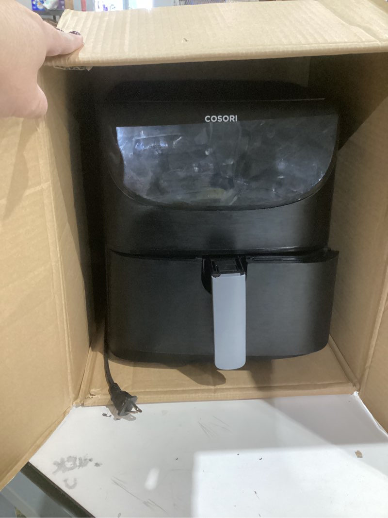 Condition photo showing As Is for cosori 9-in-1 turboblaze air fryer 6 qt, premium ceramic coating, 90°–450°f, precise heating for even results, air fry, roast, bake, broil, dry, frozen, proof, reheat, keep warm, 120v, dark gray dark gray 6qt air fryer