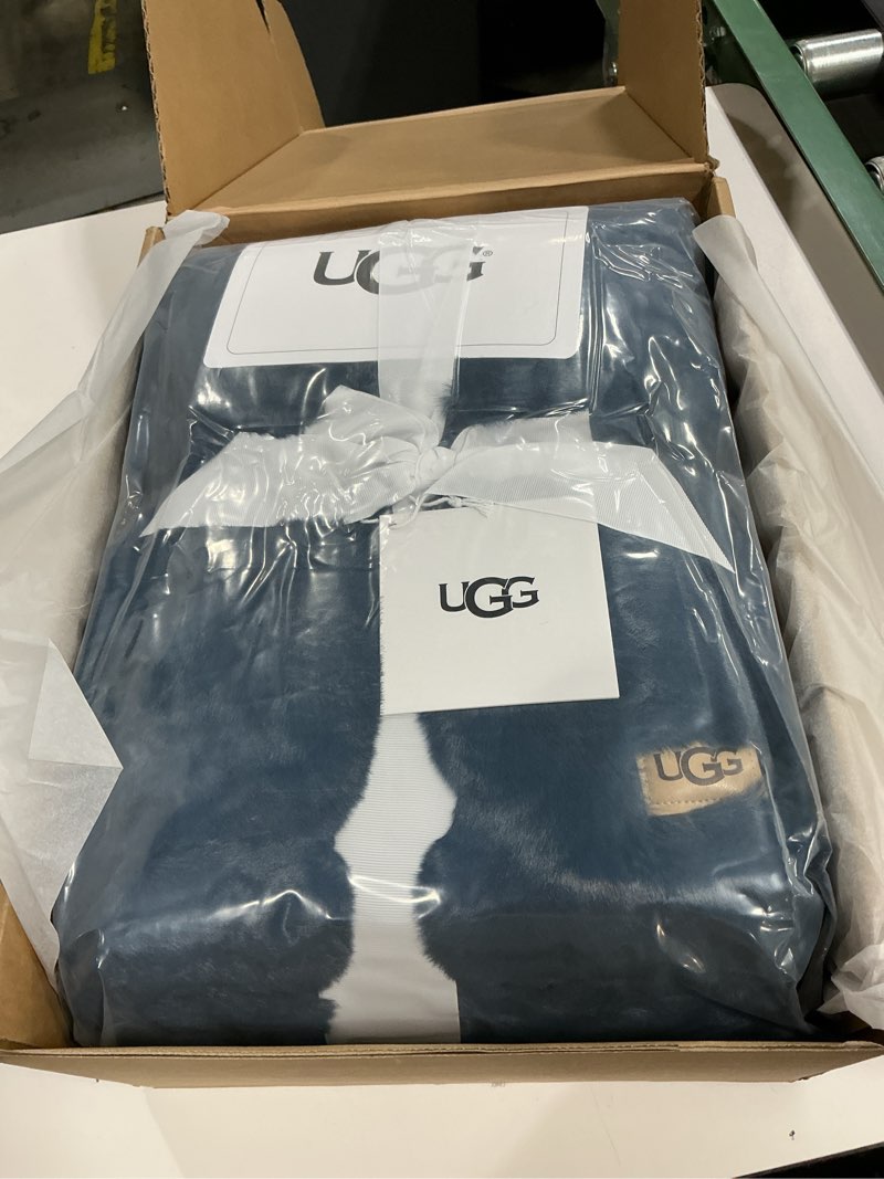 Condition photo showing New/Like New for UGG Euphoria Faux Fur Throw Blanket, Soft Warm Throw Blankets for Couch or Bed, Luxury Bedroom Decor, Giftable Fuzzy Blankets, Machine Washable, 50-inch x 70-inch, Indigo Blue Blue Throw