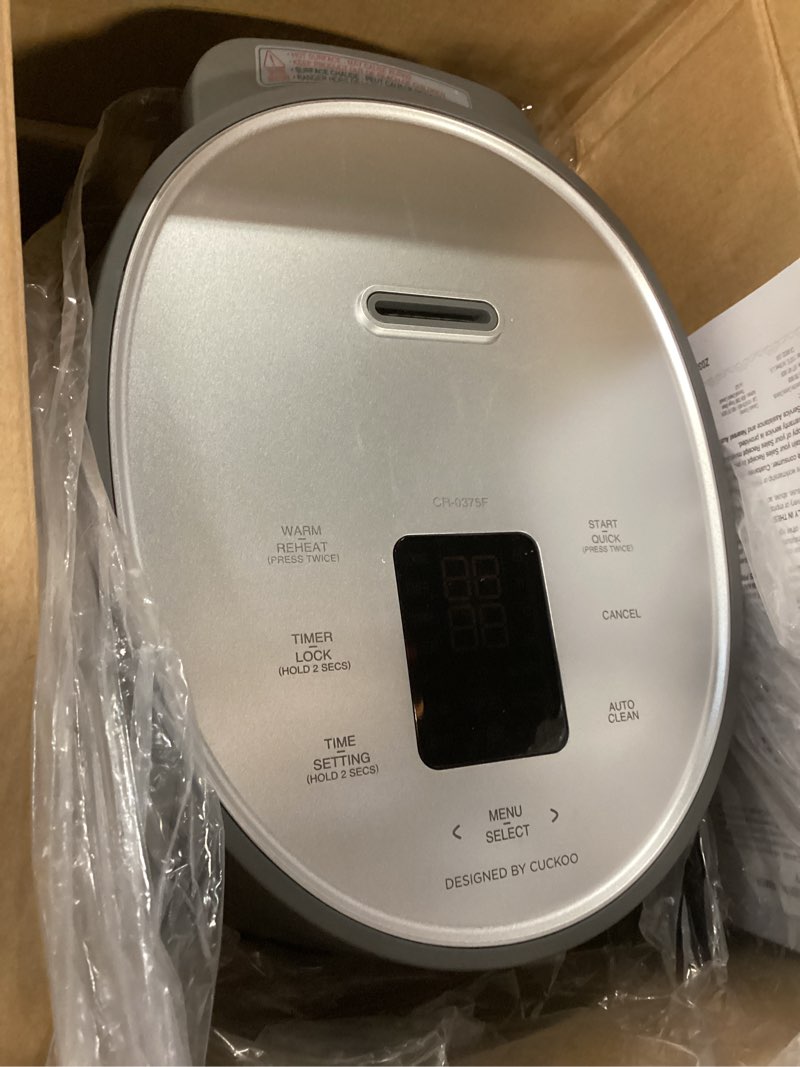 Condition photo showing As Is for CUCKOO Micom Rice Cooker 3-Cup Uncooked / 6-Cup Cooked with Nonstick Inner Pot, Small Rice Maker with 8 Menu Options, Fuzzy Logic Technology, Auto Clean, Quick Rice Mode, Gray (CR-0375FG) GRAY 3 CUP