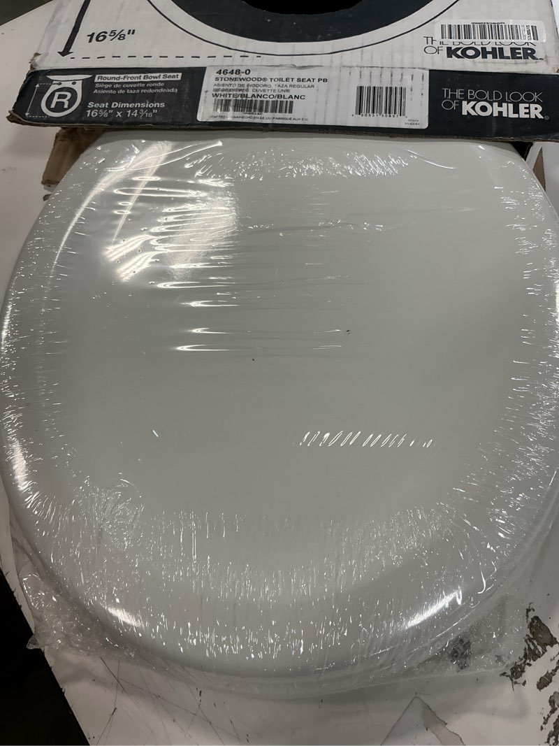 Condition photo showing New/Like New for KOHLER 4648-0 Stonewood Round Toilet Seat, Round Wood Seat for Standard Toilets, Comes with Color-Matched Plastic Hinges, Home Essentials, White White Round