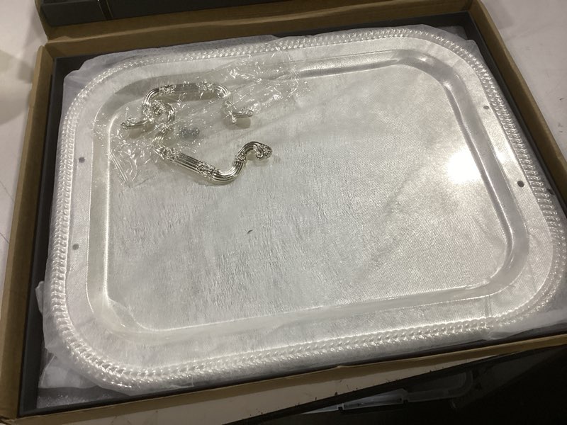Condition photo showing Good Condition for 18.5"x14.5" Rectangular Silver Serving Tray with Handles, Beautiful Mirror Polished Finish, Lightweight Classic Metallic Decorative Silverplate Tray for Wedding Anniversary Birthday Holiday Gatherings