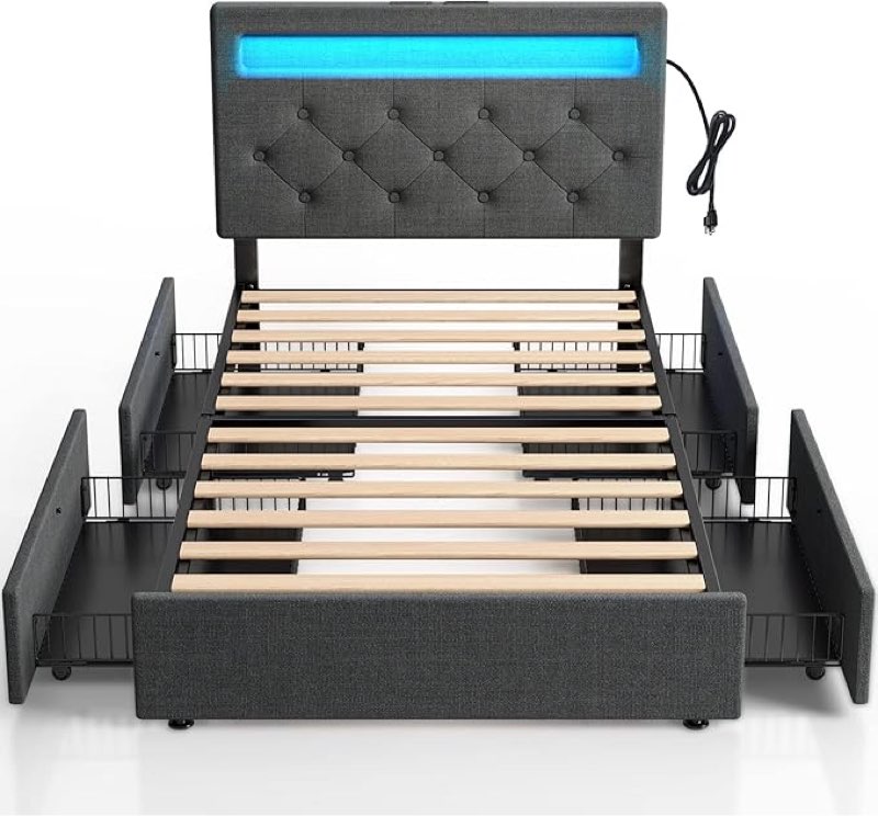 Rolanstar Twin Bed Frame with 4 Storage Drawers and Charging Station,Twin Bed with Led Lights, 2 USB & 1 Type C, Adjustable Headboard 38.9/40.8 Inches, No Box Spring Needed, Grey