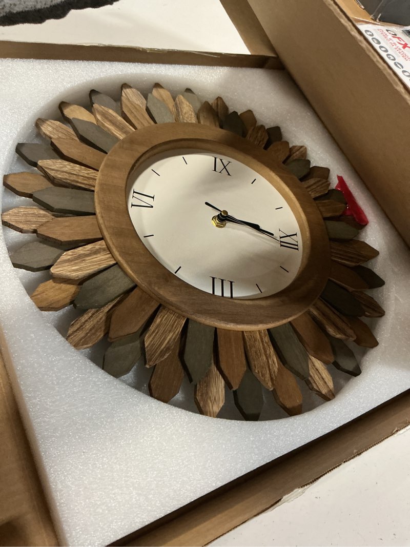 Condition photo showing Good Condition for honiway 14 inch wall clocks battery operated silent non ticking rustic wood boho sunburst decorative wall clock for living room kitchen bedroom farmhouse office decor (tricolor-roman numerals) tricolor 14 inch
