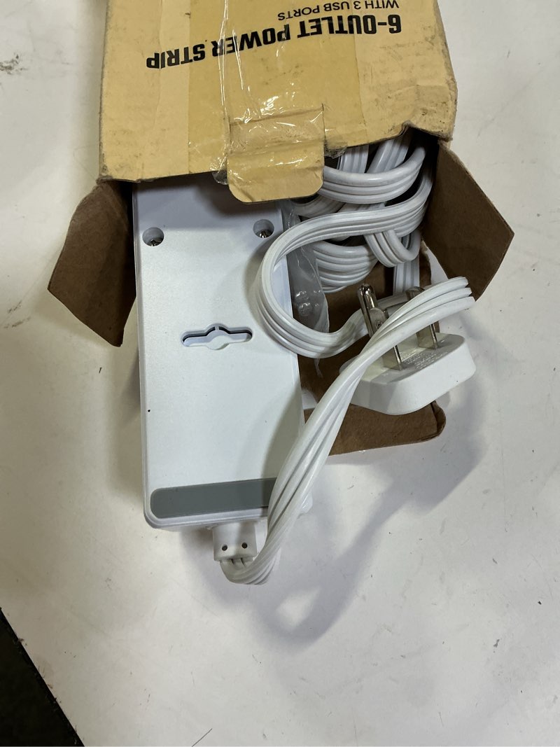 Condition photo showing As Is for 20ft long extension cord, superdanny flat plug surge protector power strip 20 feet, 6 outlets & 3 usb ports, wall mountable power bar for home office, dorm room 20ft white