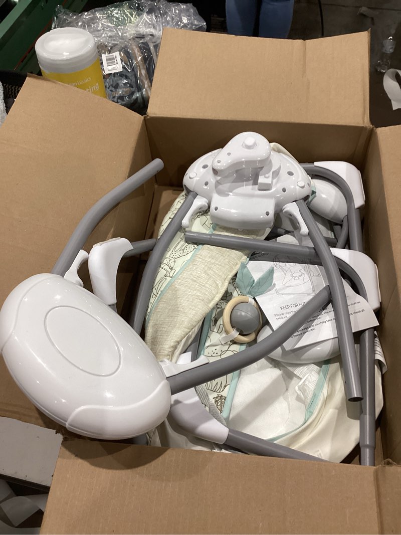 Condition photo showing As Is for baby swing for infant,newborn swing with music,5 speed levels,timing setting,soft cushion,foldable infant swing for indoor outdoor use 0-9 months forest