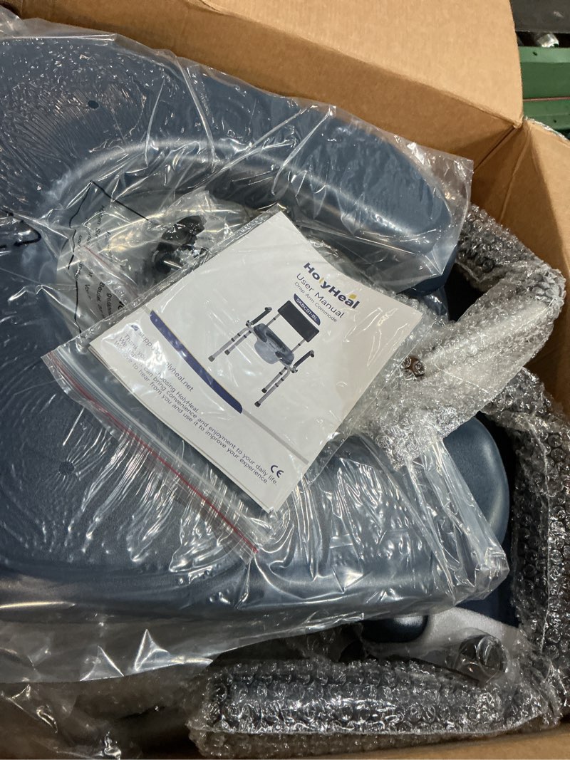 Condition photo showing Good Condition for Drop Arm Bedside Commode, Commode Toilet with Padded Seat and Backrest, 300lbs Capacity, 6.3QT Removable Bucket and Splash Guard, Adjustable Height Portable Toilet for Adults, Blue