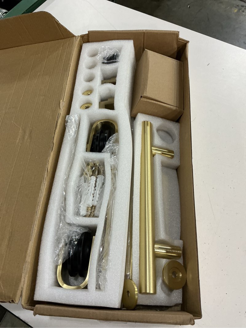 Condition photo showing Good Condition for rio salto gold barn door hardware kit adjustable 72" length sliding hardware 6ft modern barn interior gold brushed brass panel hardware - hardware only (hardware kit plus, 6 feet - single door) 6ft - single door hardware kit plus