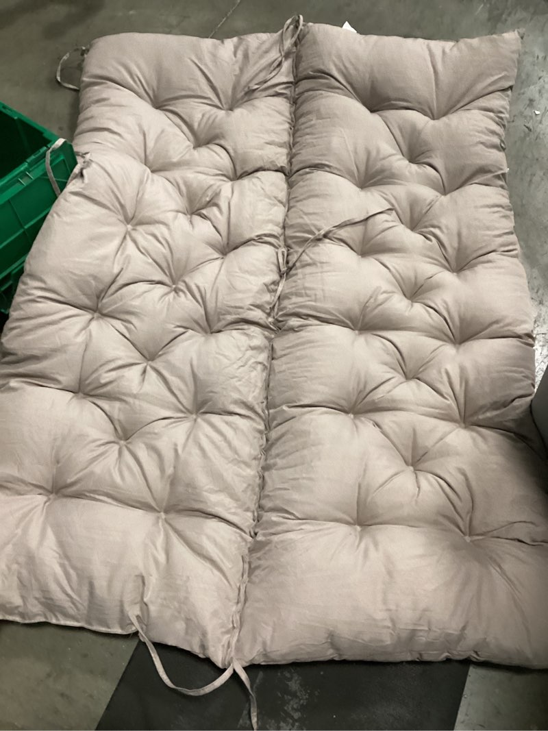 Condition photo showing Good Condition for outdoor swing cushions,waterproof swing cushions 3 seater replacement with backrest,outdoor thickened bench cushion with ties for porch,patio,backyard,garden and lawn (khaki 60 * 40 in) khaki 60x 40 inches