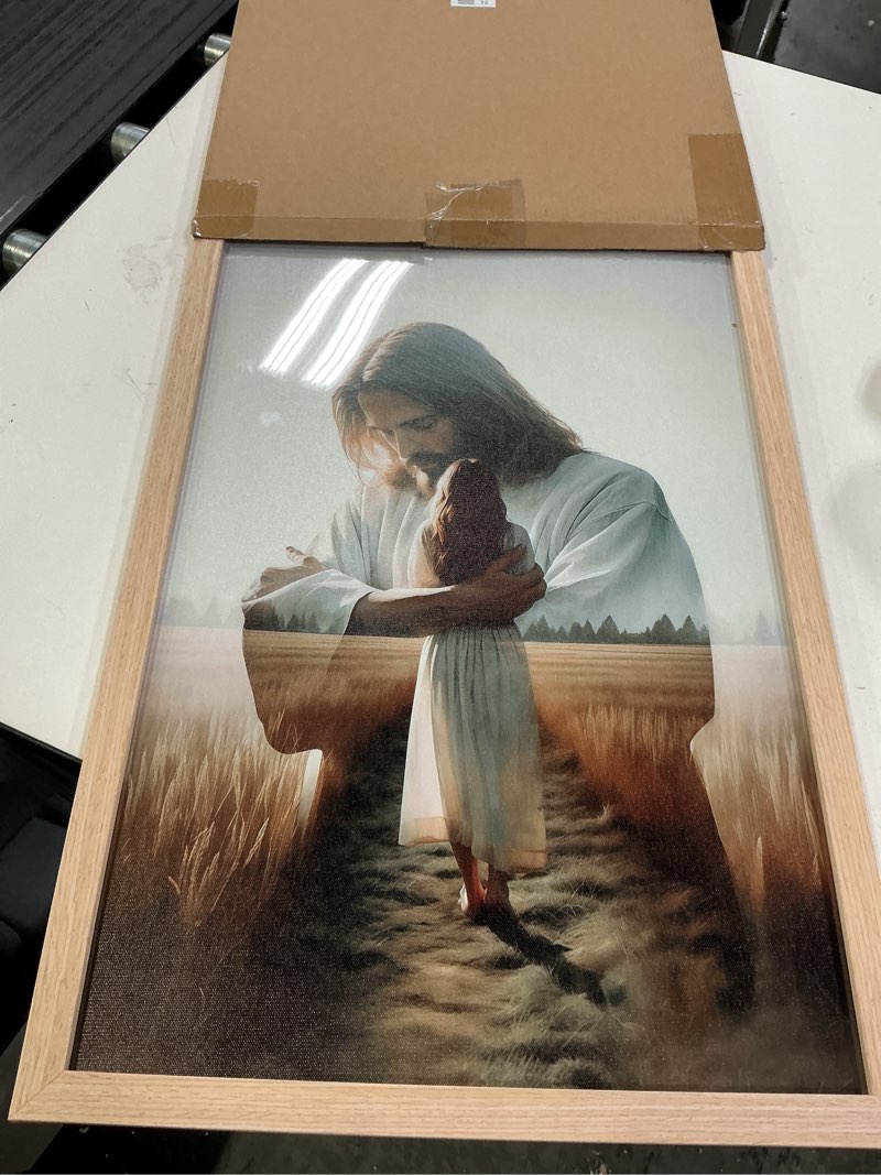 Condition photo showing New/Like New for Framed Jesus Holding Woman Canvas Wall Art Jesus Heals Canvas Print Poster Wall Decor Christian Wall Art Home Decor Living Room and Prayer Room Ready to Hang 16x24 Inch White Jesus 24"x16"