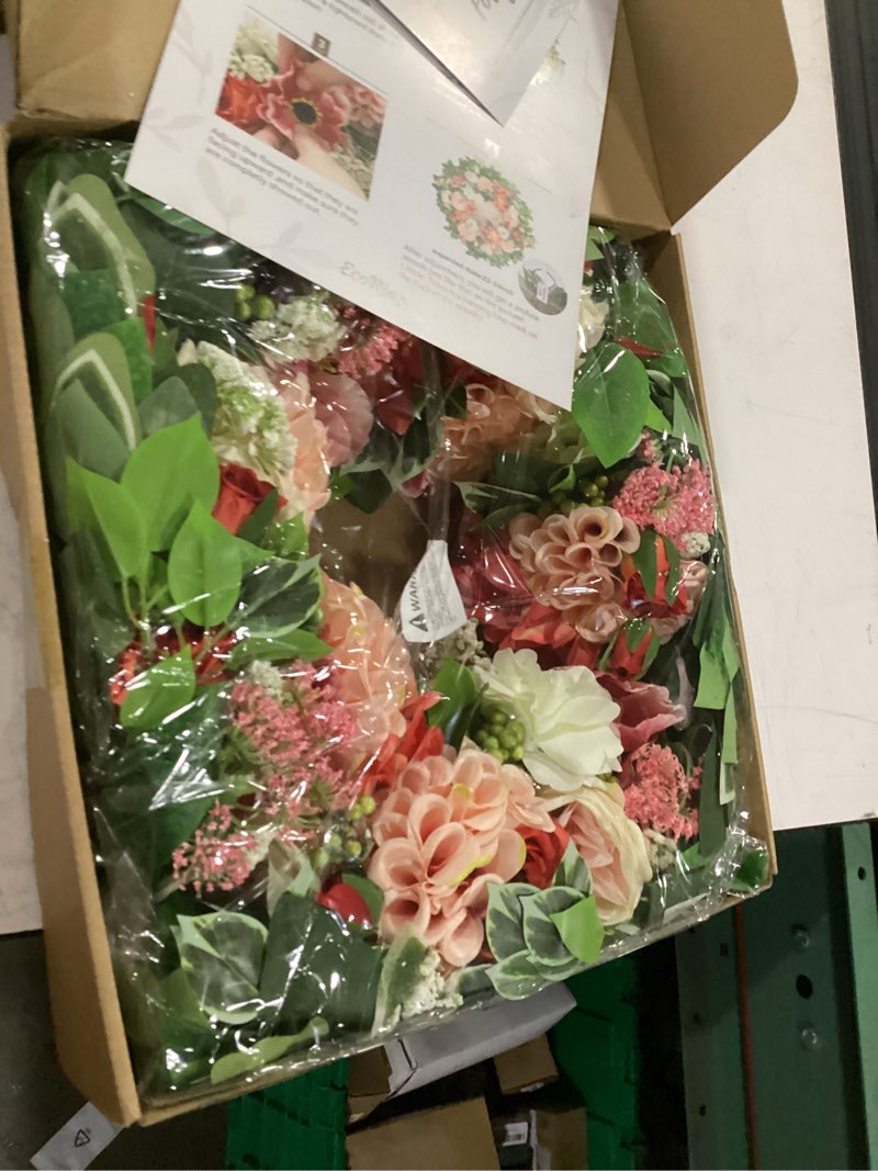 Condition photo showing New/Like New for spring wreaths for front door outside– 24 inch spring door wreath with artificial dahlia,chrysanthemum,rose and anemone floral wreath with greenery,colorful welcome summer wreaths for front door red