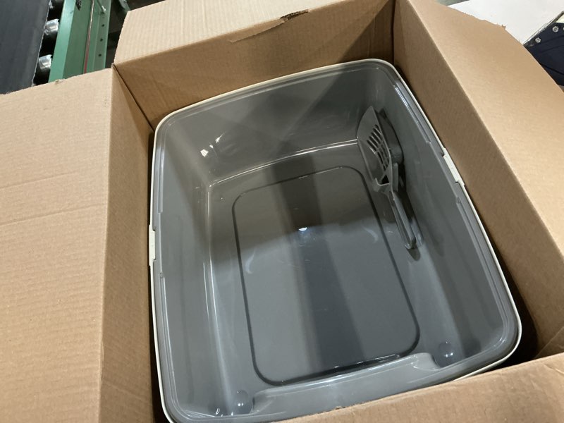 Condition photo showing As Is for amazon basics large cat litter box with high sides, open top for easy access, includes scoop with storage, 19" x 15" x 11.75", grey/beige grey/beige open top