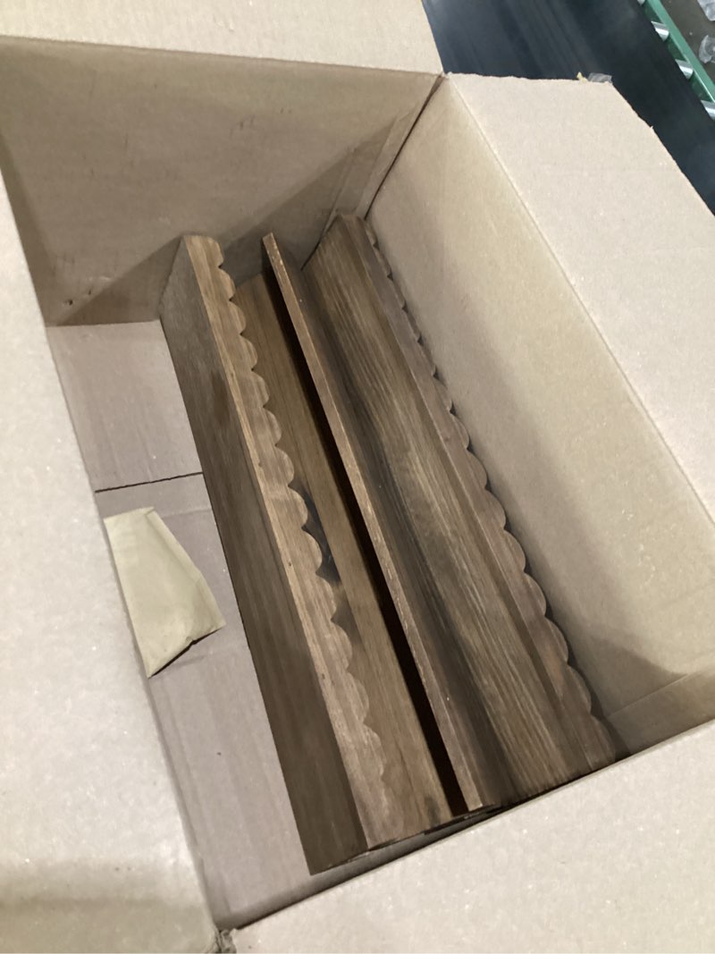Condition photo showing Good Condition for seocry scalloped wall bookshelves for nursery, floating wooden book shelves for kids room, white nursery shelves for wall, baby & toddler room decor walnut brown 4 16.5 inches