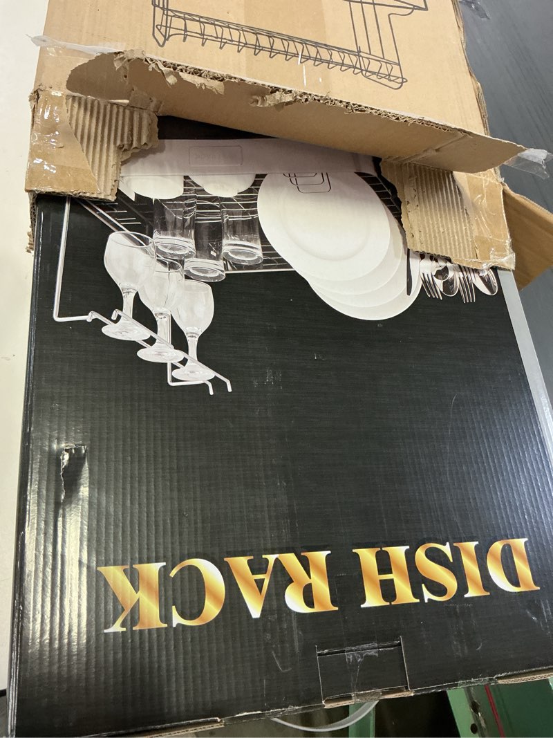 Condition photo showing New/Like New for Extra Large Two Tier Stainless Steel Dish Drainer Drying Rack with Drainboard for Kitchen Counter, Modern Black and Silver, Rust Proof Metal, Space Saving Double Countertop Big Plates Dryer and Tray 2 Tier-Extra Large