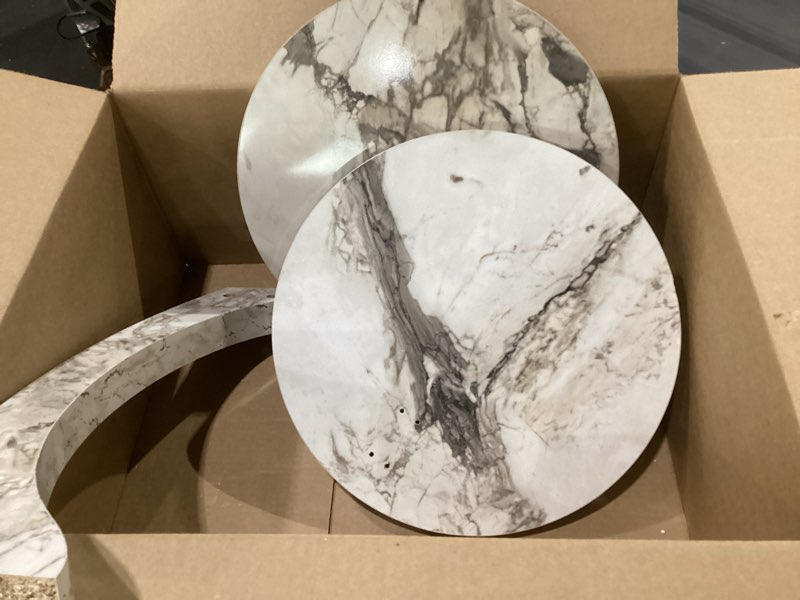Condition photo showing As Is for c shaped end table for couch small places, faux marble engineered wood space saver round side table for sofa and bedside with wheels, coffee and snack time tray for living room (white marble), missing screws