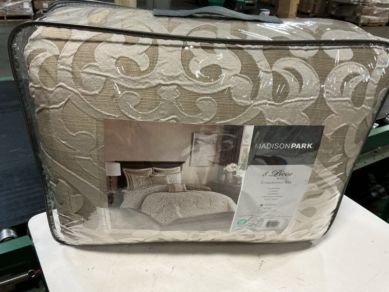 Condition photo showing Good Condition for madison park odette cozy comforter set jacquard damask medallion design - modern all season, down alternative bedding, shams, decorative pillows, queen(90 in x 90 in), tan 8 piece tan/ivory queen (90 in x 90 in)