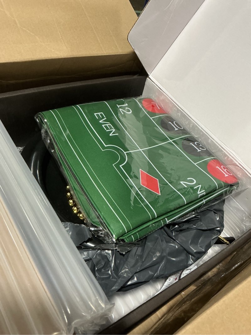 Condition photo showing Good Condition for 16 inch roulette wheel game set include black roulette wheel,47.2" x 23.6" anti-slip rubber game mat x2, 200 chips, chip rake, win marker, dealer button, instruction manual,storage box (style 1)