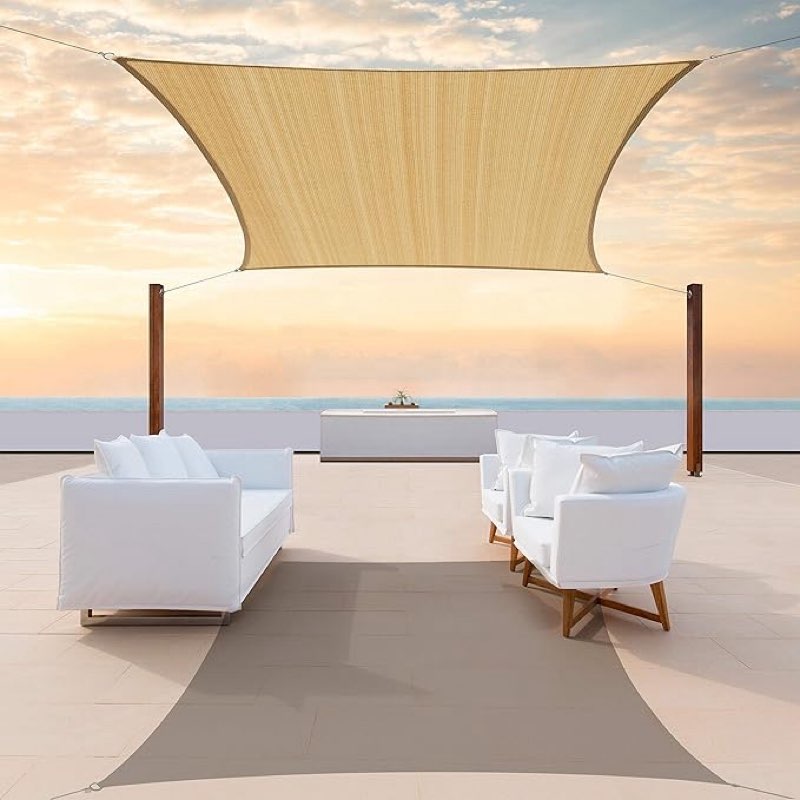ColourTree 12' x 16' Sand Beige Rectangle Sun Shade Sail CTAPR1416 Canopy Fabric Cloth Screen, Water Permeable & UV Block UPF50, Heavy Duty, Carport Patio Outdoor