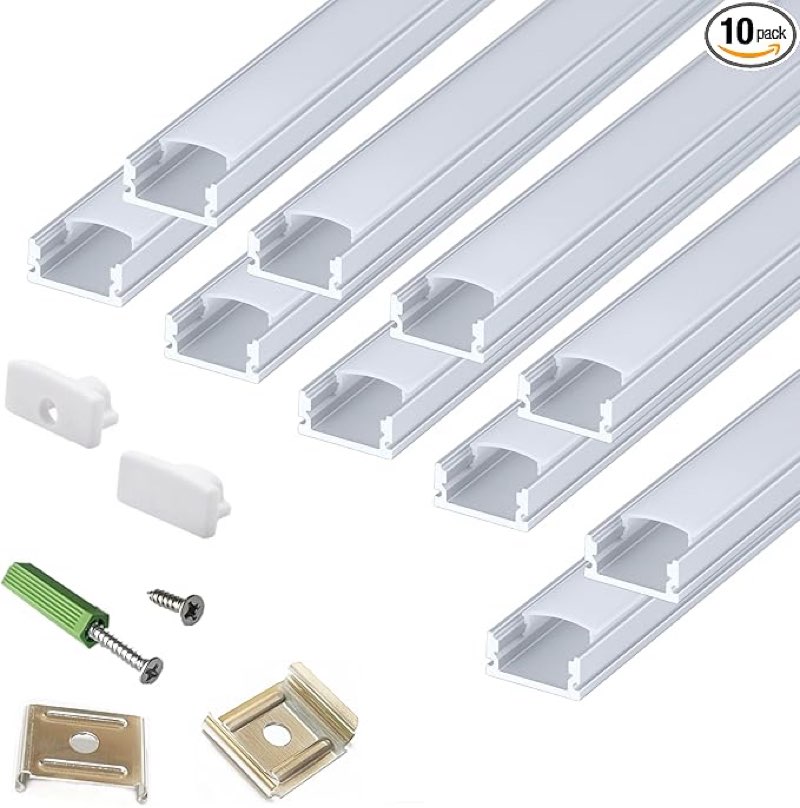 LED Strip U Channel Diffuser 10-Pack 6.56FT,17X7.5MM Surface Mounted Tape Light Aluminum Track with Milky Cover Cabinet,Stairs,Counter,Wall Flush Installed Low Profile