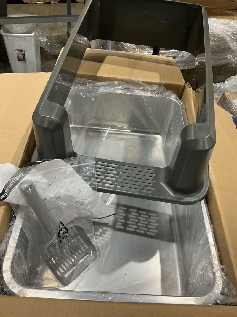 Condition photo showing Good Condition for stainless steel litter box, extra large litter boxes for big cats, xlarge metal cat litter box with lid, anti-urine leakage xl box with high sides, easy clean, non-sticky, scoop included
