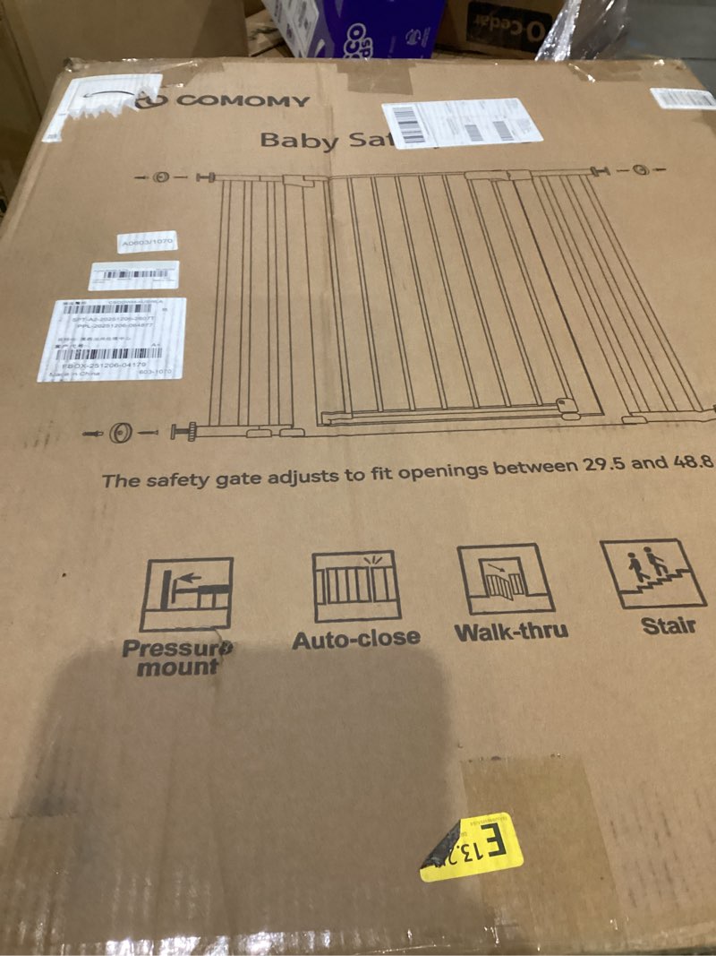 Condition photo showing New/Like New for COMOMY 36" Extra Tall Baby Gate for Stairs Doorways, Fits Openings 29.5" to 48.8" Wide, Auto Close Extra Wide Dog Gate for House, Pressure Mounted Easy Walk Through Pet Gate with Door, White