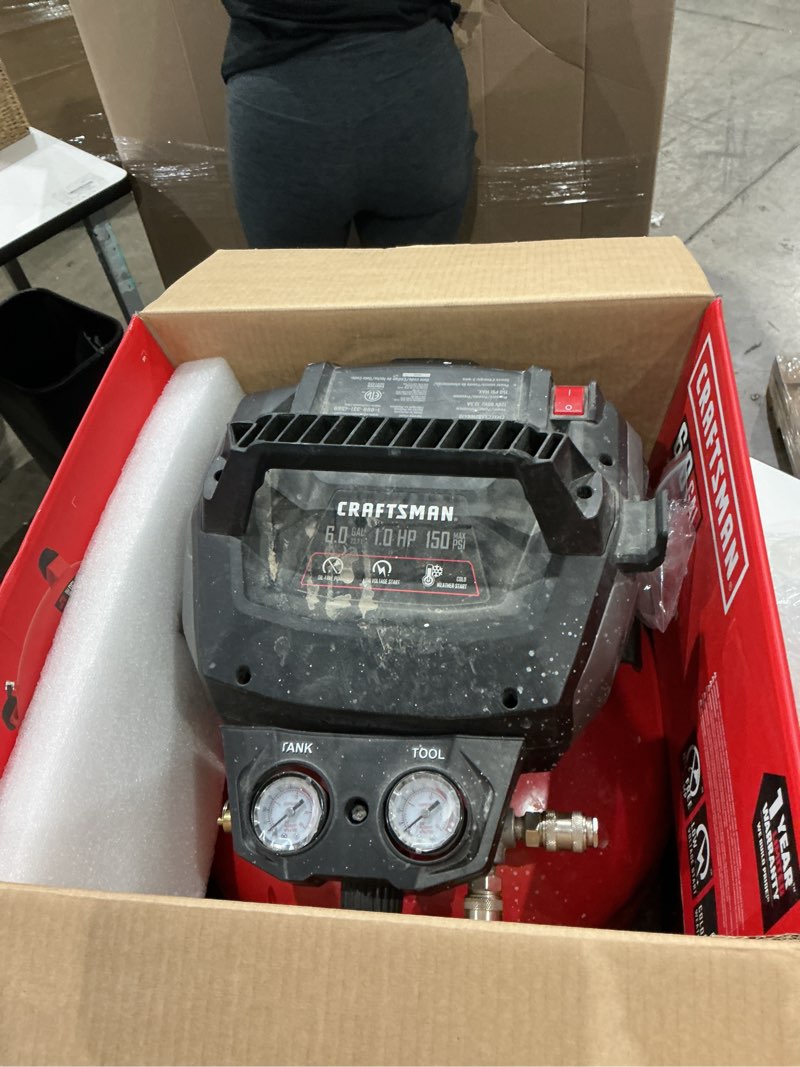 Condition photo showing As Is for craftsman 6-gallon portable electric 150 psi pancake air compressor