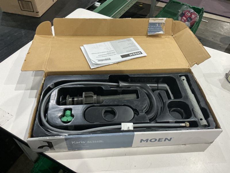 Condition photo showing As Is for moen karis black matte one-handle single hole bathroom sink faucet with optional deckplate, 84346bl matte black