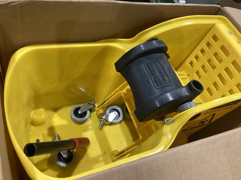 Condition photo showing As Is for rubbermaid commercial products 31 qt tandem mop bucket and wringer combo on wheels, yellow, for floor cleaning/wet mopping