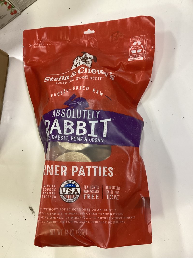 Condition photo showing New/Like New for Stella & Chewy's Freeze-Dried Raw Dinner Patties - Absolutely Rabbit Recipe - High Protein Grain-Free Puppy & Dog Food - Perfect For Picky Eaters - 14 oz Absolutely Rabbit 14 Ounce (Pack of 1)