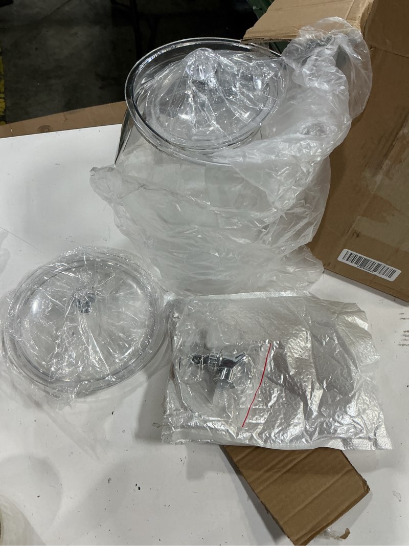 Condition photo showing New/Like New for 2 pcs drink dispenser set, 2.5 gallon total capacity (7l & 2.6l) - shatterproof plastic beverage containers with wood stand, leak-proof spigot for juice, tea, lemonade & mimosa bar hosting 2.5gallon