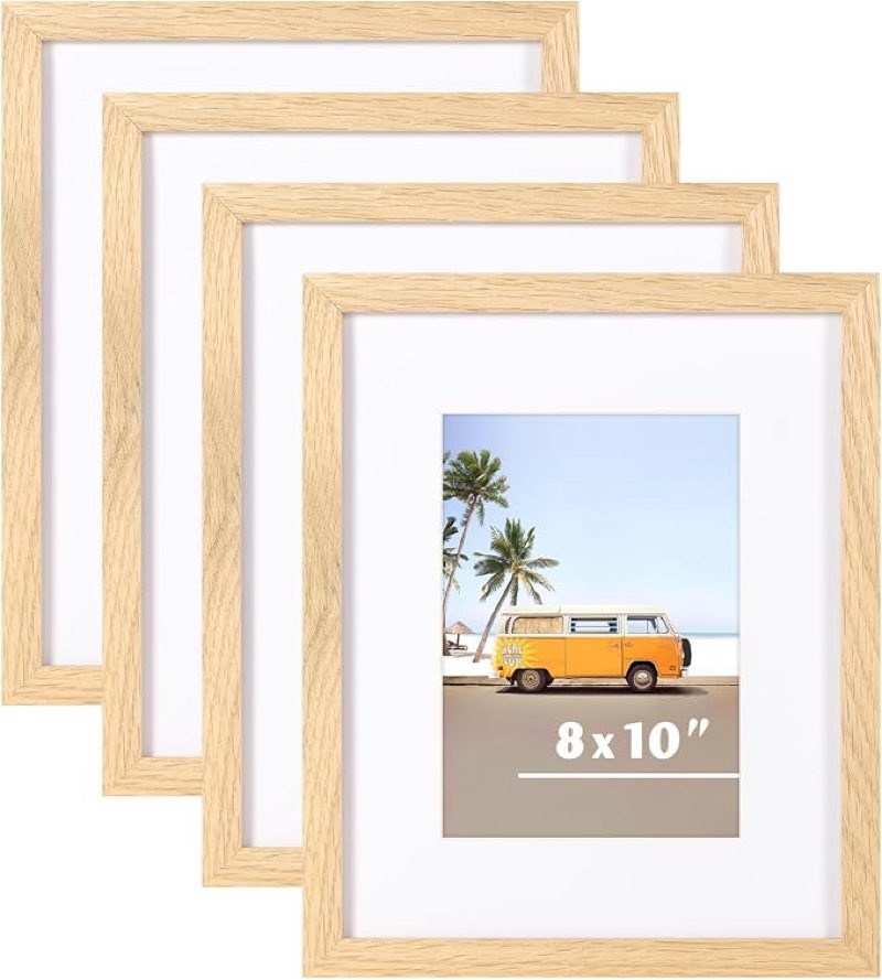 8x10 picture frame set - 4 pack, oak solid wood photo frames - tempered glass - displays photos 5x7