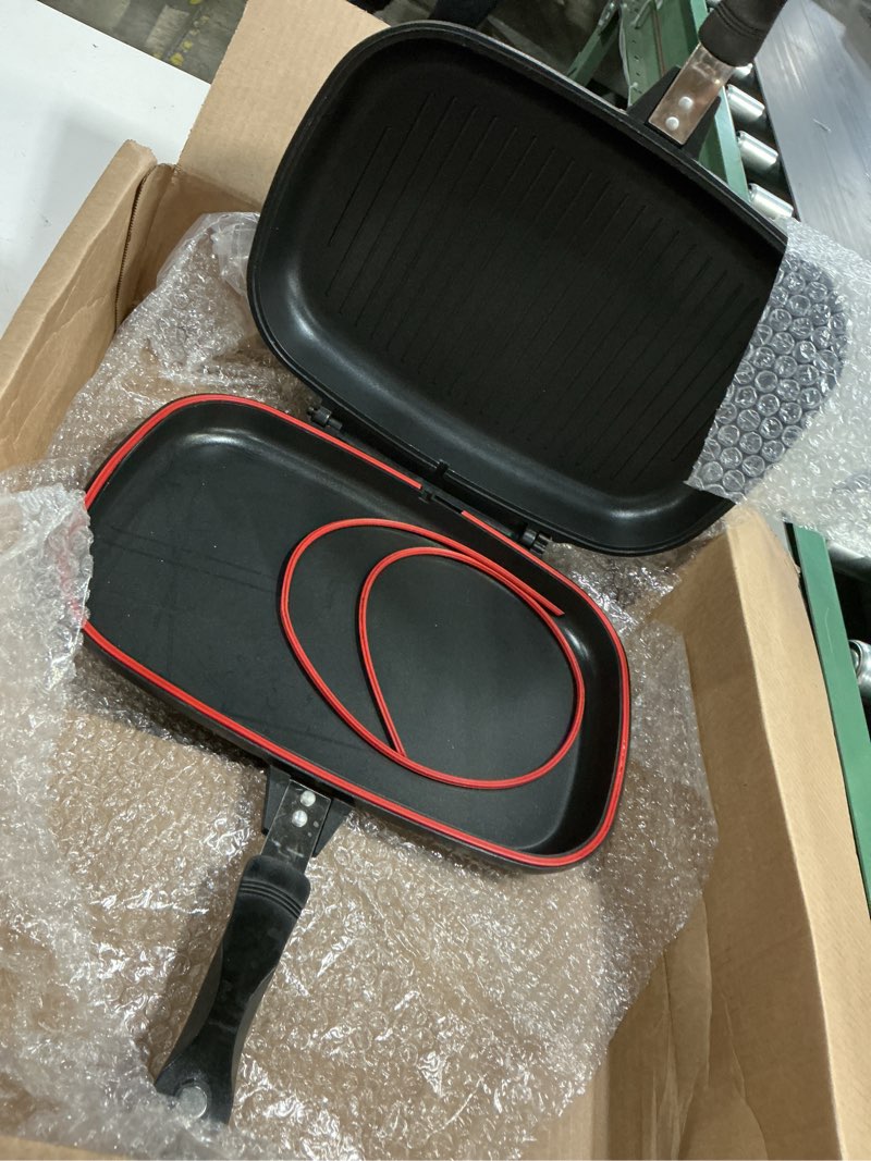 Condition photo showing As Is for Double-sided BBQ Grill Pan, Portable Frying Pan Flip Non-stick Barbecue Cooking Tool Cookware Stove Anti-scalding Handle Skillet Cast Grill Frittata Pan for Indoor and Outdoor Cooked Chicken, Fish
