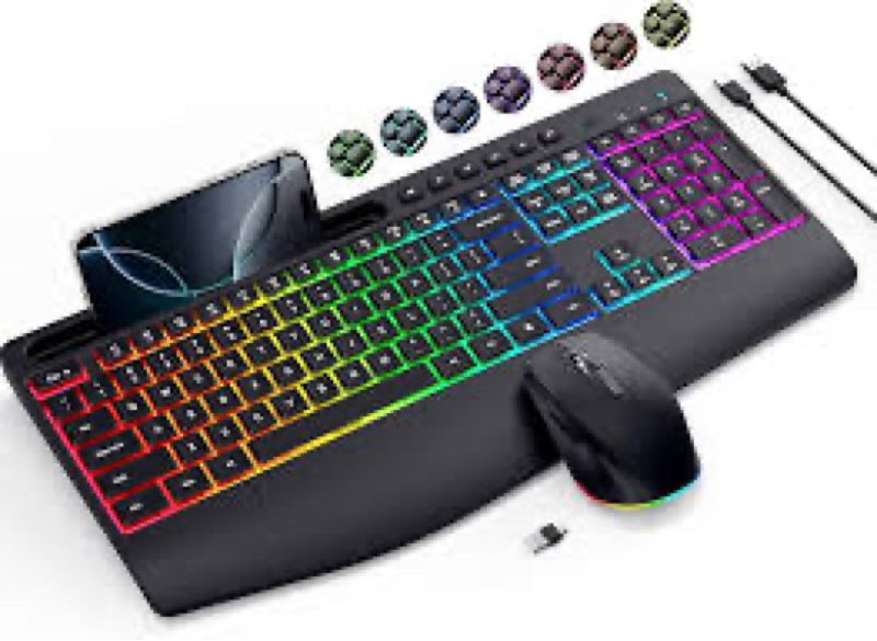 wireless keyboard and mouse combo- veilzor 2.4g rechargeable keyboard with phone holder, ergonomic wrist rest, 9 rgb backlit effects, silent keyboard mouse set for windows, laptop, pc