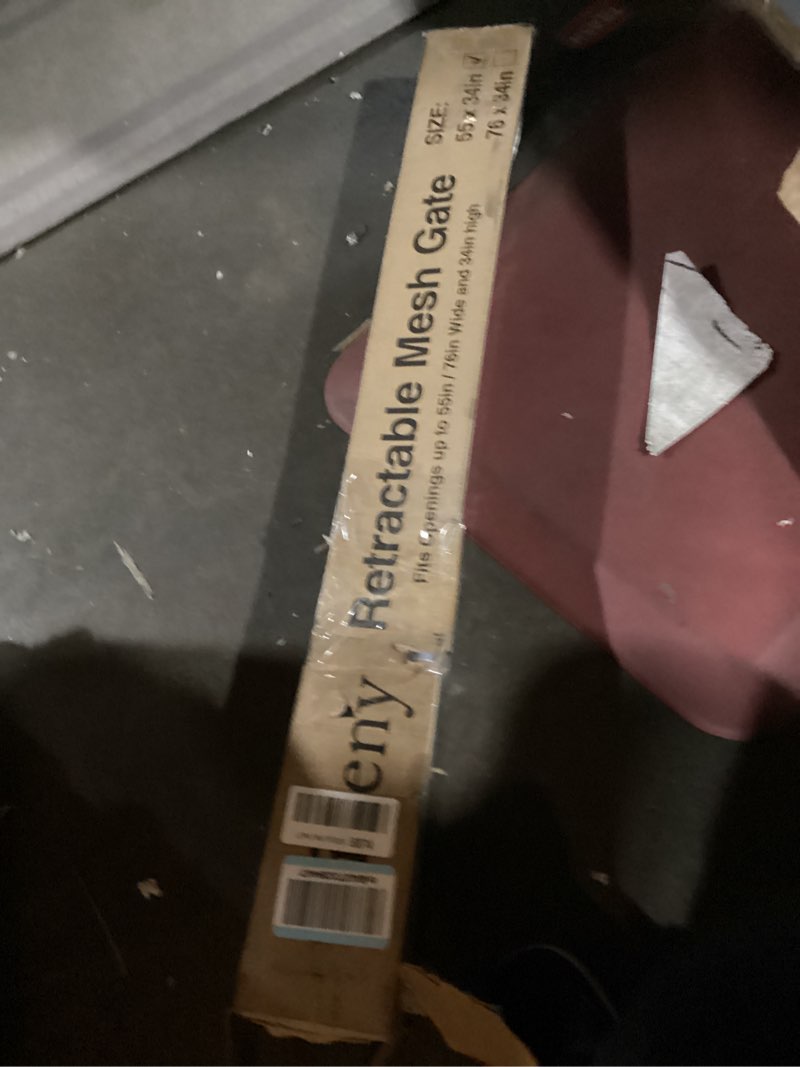 Condition photo showing New/Like New for Retractable Baby Gate for Stairs, 55" Wide Mesh Dog Gate Indoor, 34" Tall Child Gate for Doorways, Hallways, Deck, Indoor Outdoor Pet Baby Safety Essentials for Home, Grey Gray 55'' Wide