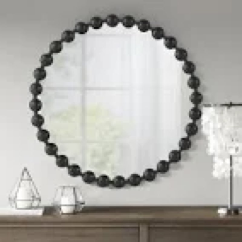 madison park signature wall décor marlowe metal spherical frame round mirror for living room - home accent, ready to hang bedroom decoration, 36\" diameter, black