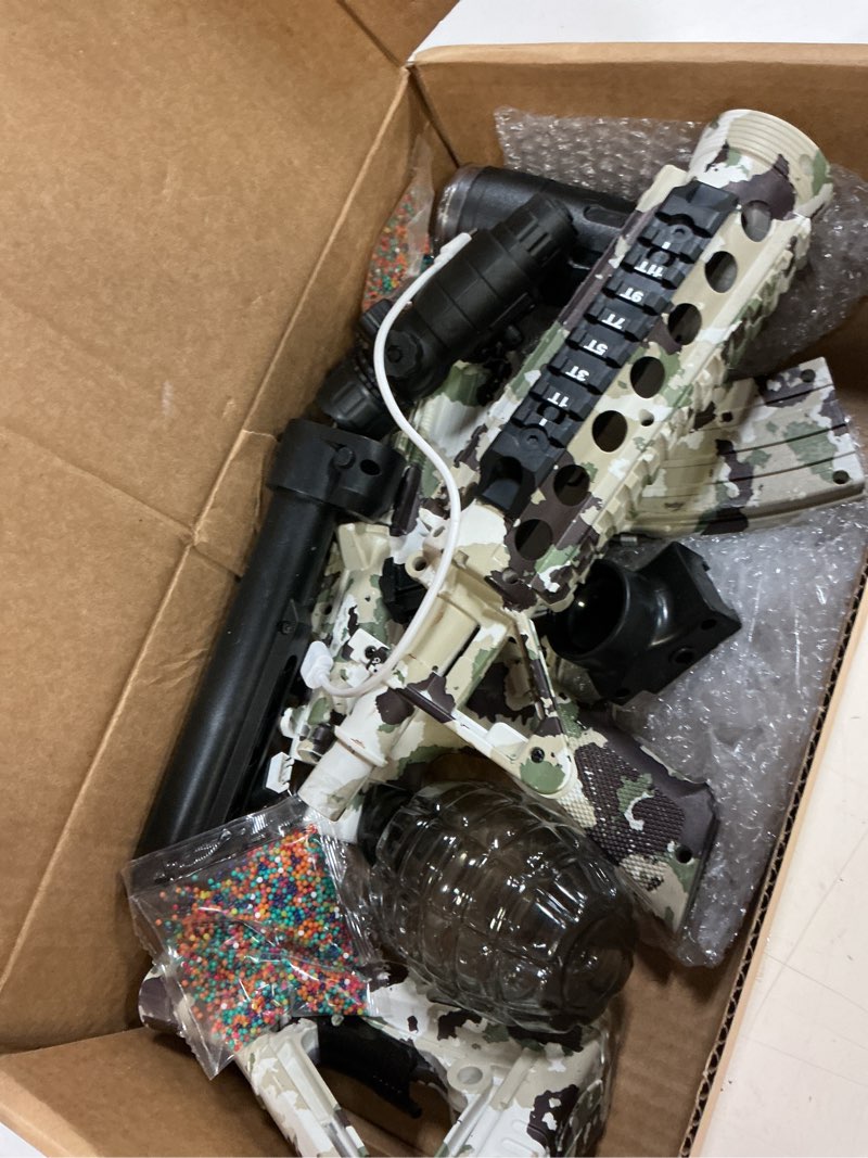 Condition photo showing As Is for gel splat blaster with colorful light and spray tracer - fully automatic splatter 12 orby per second - 7.4v modular rechargeable battery powered - outdoor team game activities - for ages 14+