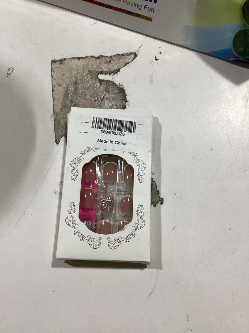 Condition photo showing New/Like New for 24 Pcs Pink Press On Nails Short Square,YEFIUO White French Fake Nails Press ons Nail Art Tips Acrylic Nail Kit Glue on Nails Full Cover False Nails with Rhinestone Butterfly Glitter Design for Women Style A07