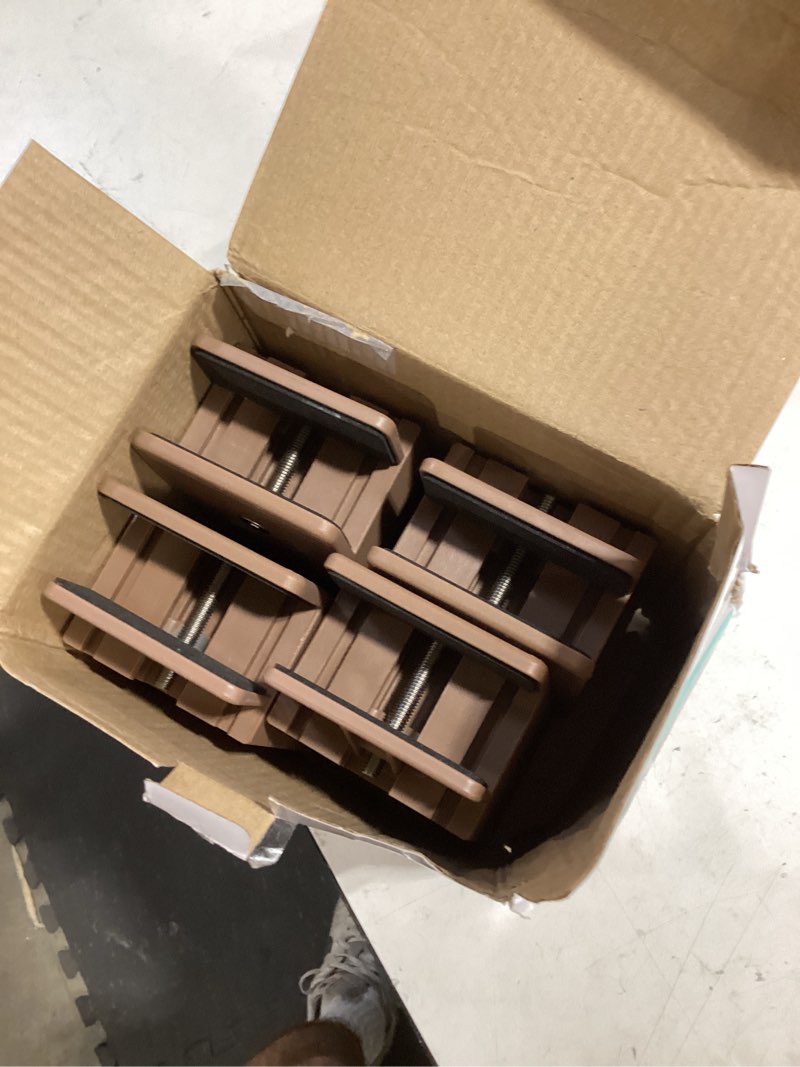 Condition photo showing Good Condition for bed risers with adjustable screw clamp, fits foot thickness of bed from 0 to 1.5 inch, elevation in heights 4 inch heavy duty risers for sofa desk table cabinet supports (4pack, brown) brown 4'', fits furniture frame below 1.5"