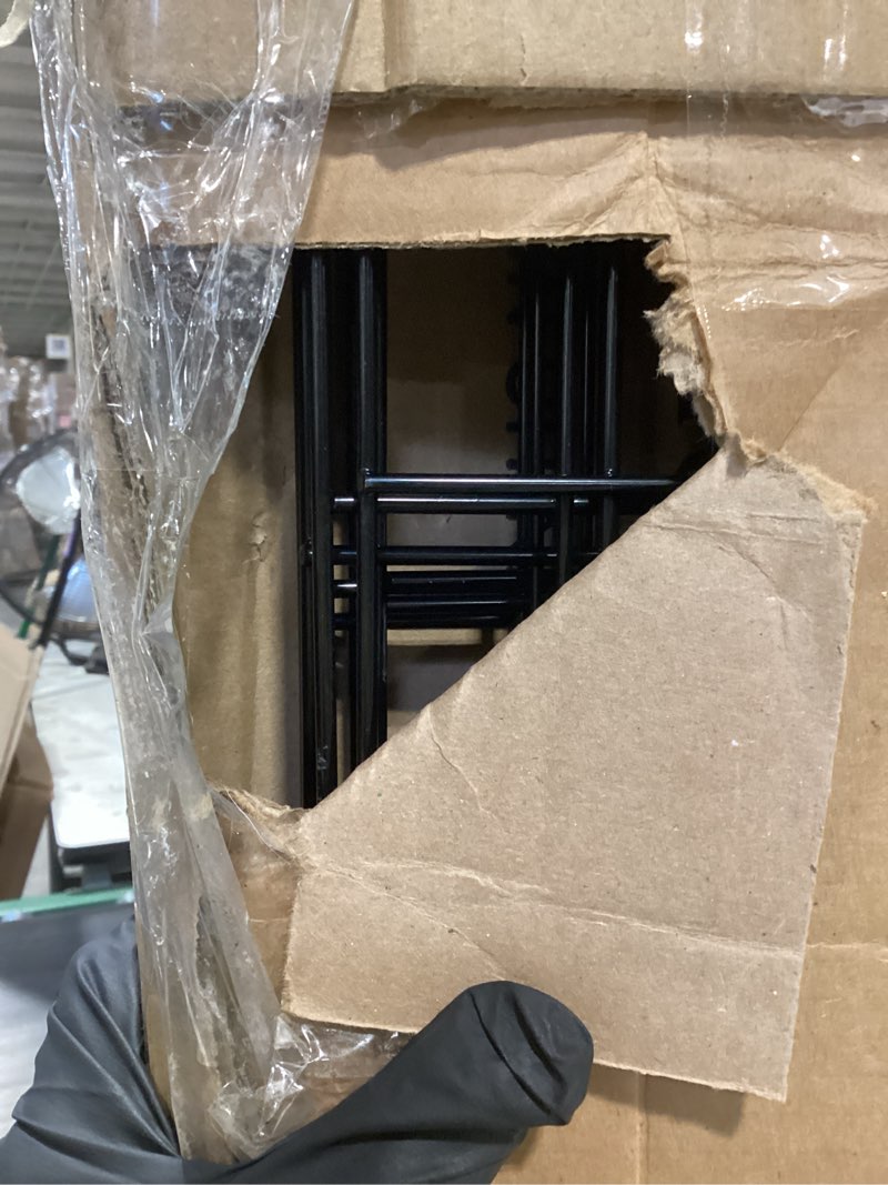 Condition photo showing As Is for no pawblems free standing dog gate with door, 30'' tall foldable dog fence for indoor & outdoor, up to 104 inch extra wide puppy gate for stairs, hallways, doorways, deck, yard (black, 4 panels) black up to 104" w, 4 panels
