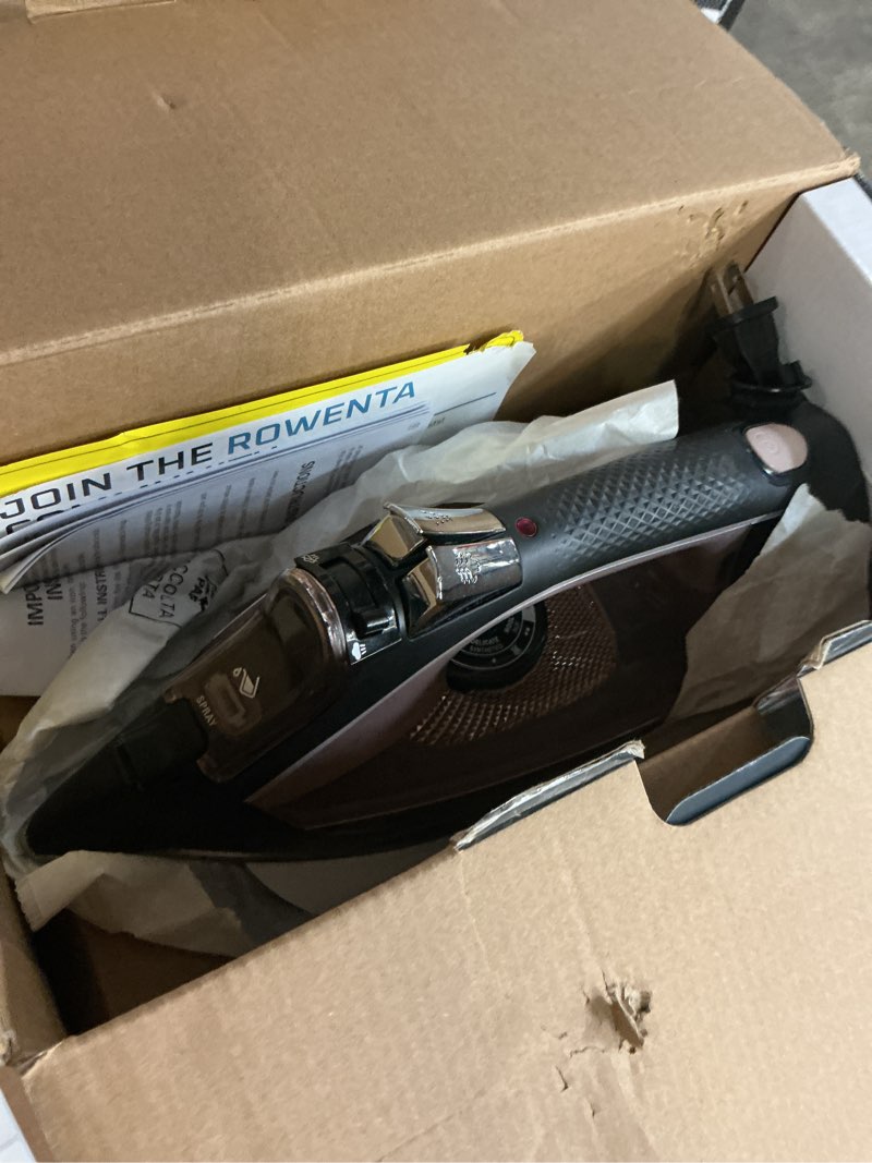 Condition photo showing As Is for rowenta access stainless steel soleplate steam iron with retractable cord, powerful steam diffusion, auto-off and anti-drip, 1725 watts, black clothes iron, dw2459 steam iron - cordreel