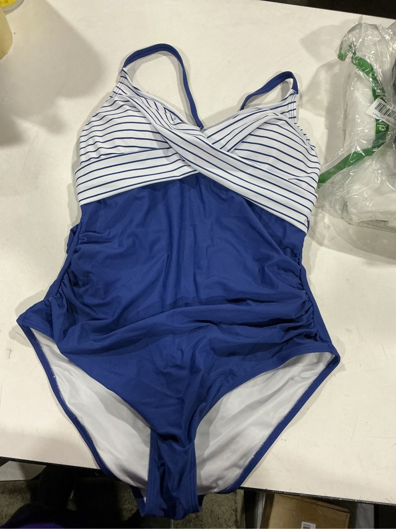 Condition photo showing Good Condition for b2prity women's one piece swimsuits tummy control front cross bathing suits tie back slimming v neck swimwear large navy blue stripe