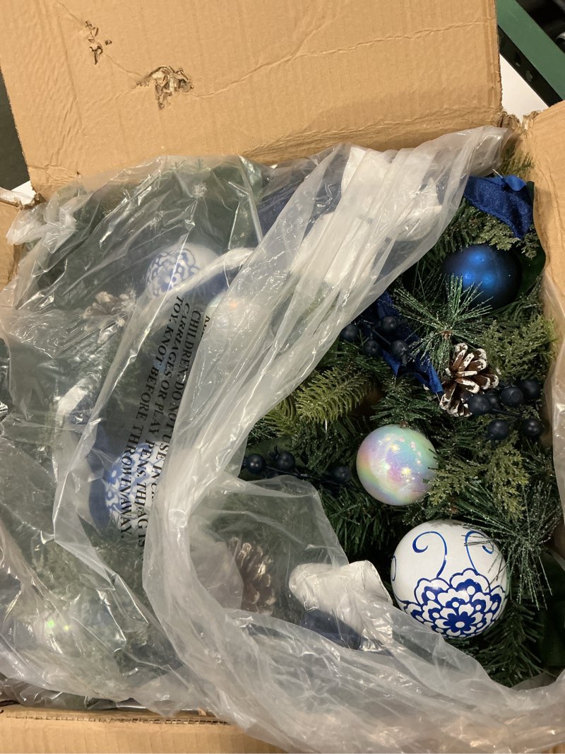 Condition photo showing Good Condition for Blue and White Christmas Wreath,24 inch Chinoiserie Wreaths with Bows Berries Pinecone for Front Door Holiday Accent Decoration for Window Fireplace Wall Party Staircase Xmas Decorations