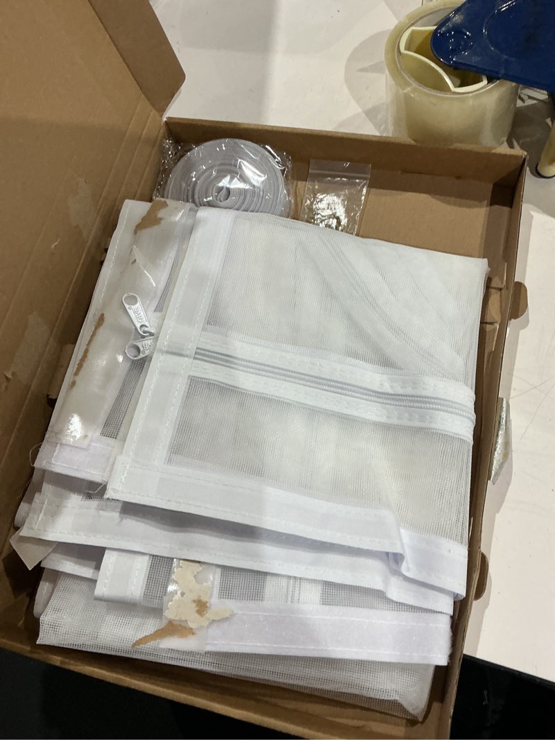 Condition photo showing As Is for qwr reinforced cat screen door,fits door opening size 32''x 80'',thickened cat proof screen door mesh with zipper closure for living room,kitchen,bedroom. white fits door opening size up to 32''x 80''
