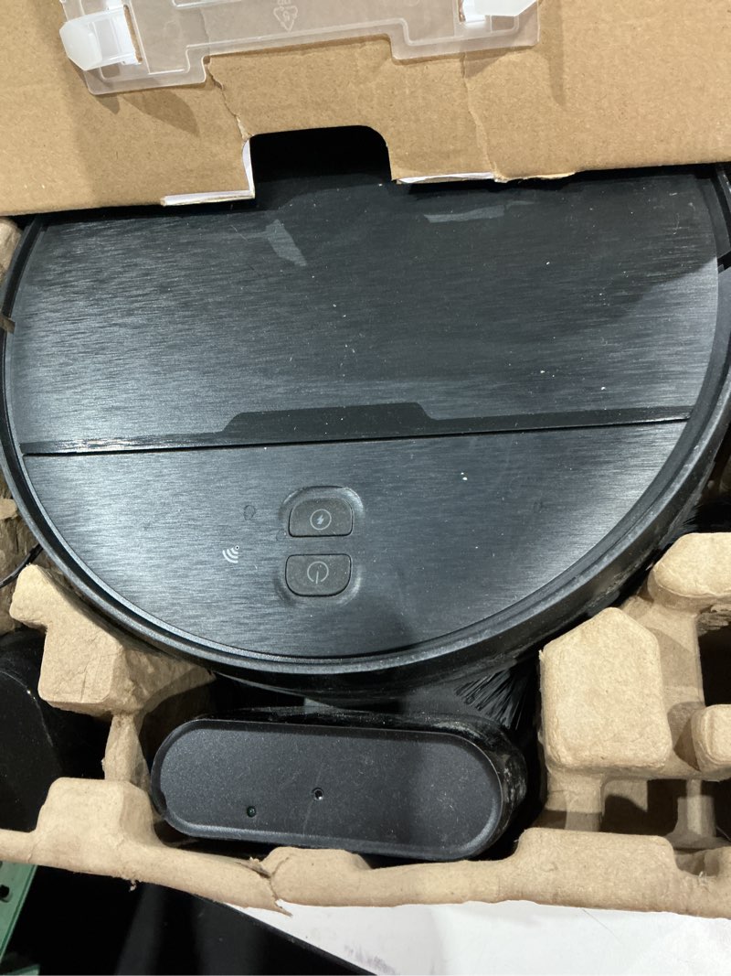Condition photo showing As Is for robot vacuum and mop combo, 2 in 1 robot vacuum cleaner with wifi/app, smart robotic vacuums with strong suction, schedule, self-charging, slim, quiet, ideal for hard floor, pet hair, low pile carpet black