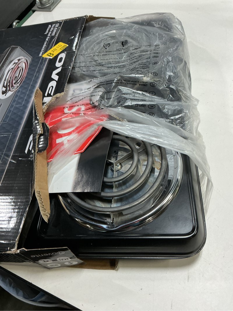 Condition photo showing As Is for OVENTE Electric Countertop Double Burner, 1700W Cooktop with 6" and 5.75" Stainless Steel Coil Hot Plates, 5 Level Temperature Control, Indicator Lights and Easy to Clean Cooking Stove, Black BGC102B BGC102B - Black
