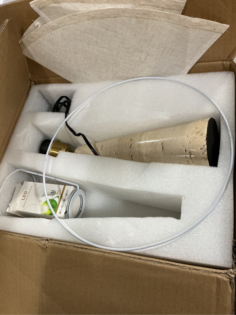 Condition photo showing Good Condition for 16.9 inch wabi sabi travertine table lamp, dimmable natural stone table light fixture with fabric lampshade, e26 base led travertine stone nightstand light for bedroom, living room, study room